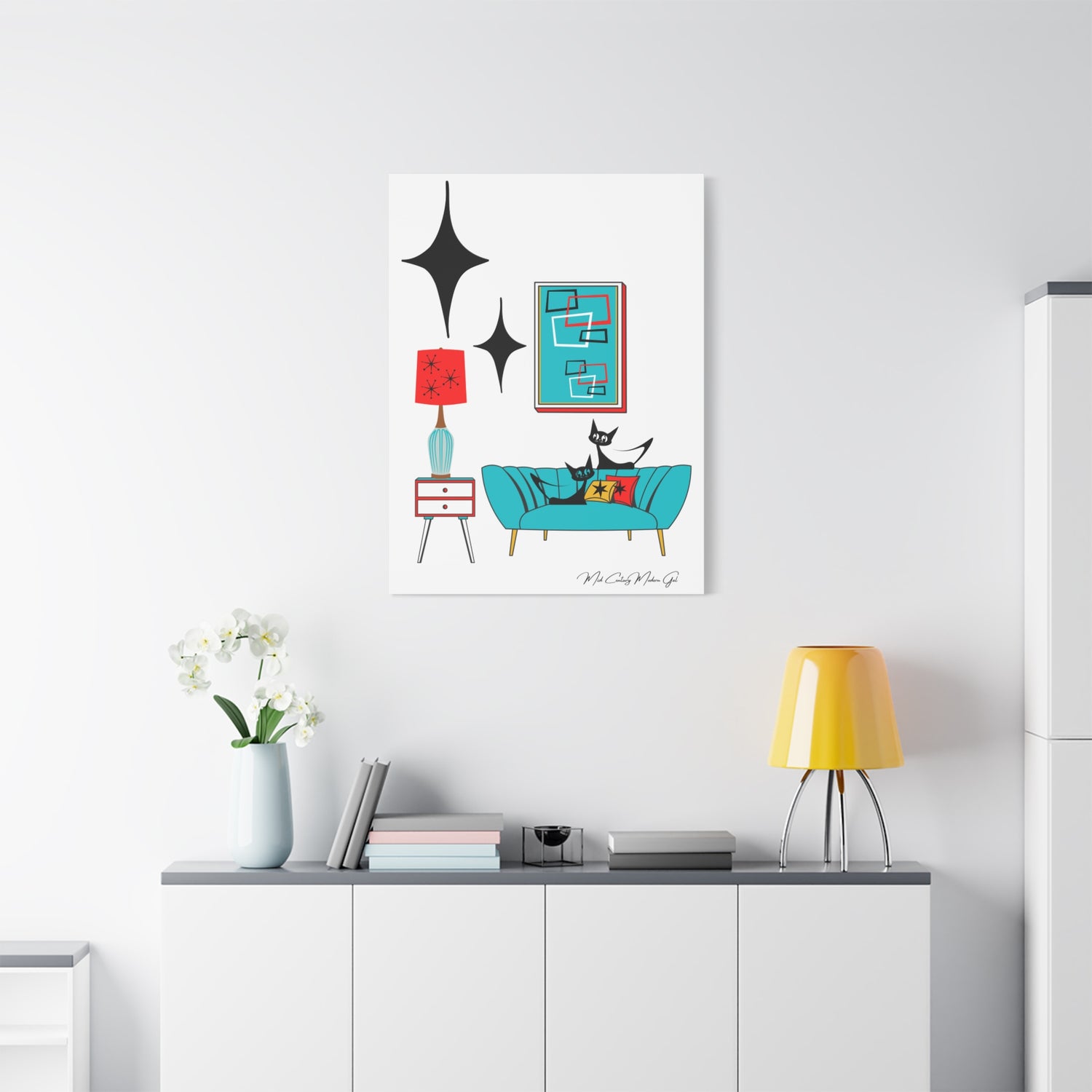 Mid Century Modern Wall Art, Atomic Cat Living Room Retro. Teal Blue, Red, Black Canvas Art - Mid Century Modern Gal