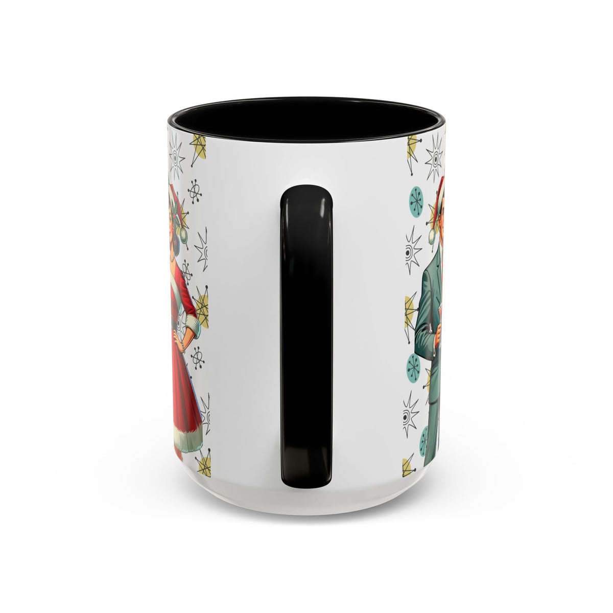 Mid Century Modern atomic 50s Christmas mug featuring Franciscan starburst pattern and retro holiday designs.