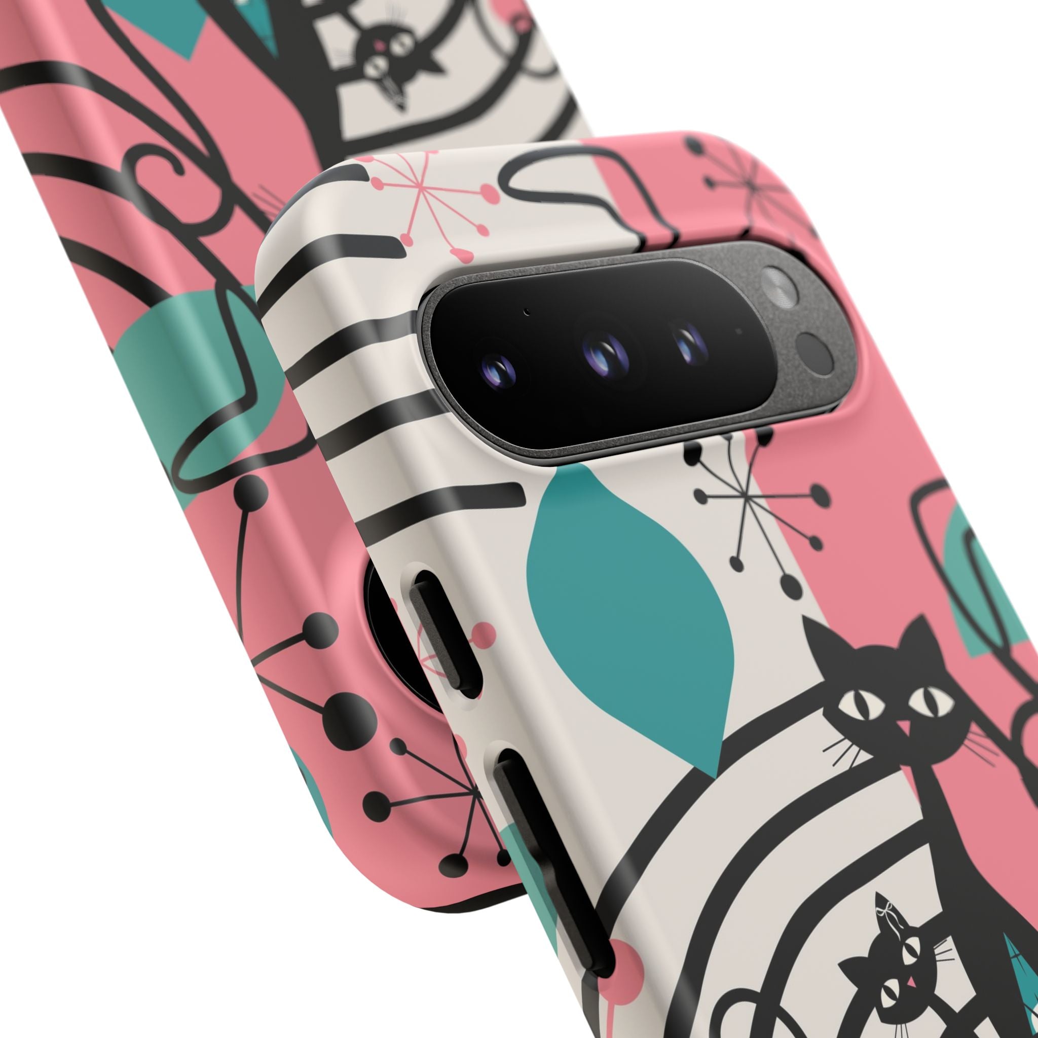 Mid Mod Atomic Cat Boomerang Starburst, Pink, Black Kitschy Stylish Cat Phone Case: Modern Design for Cat Lovers