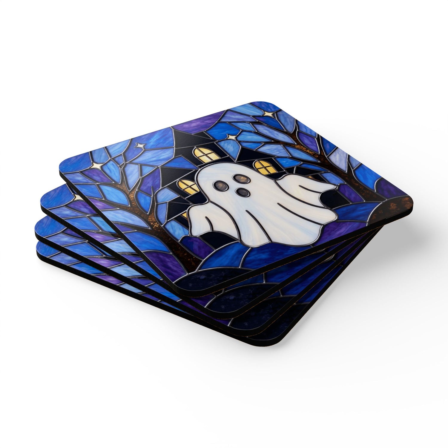 Halloween Stained Glass Style Ghost Haunted House Corkwood Coaster Set