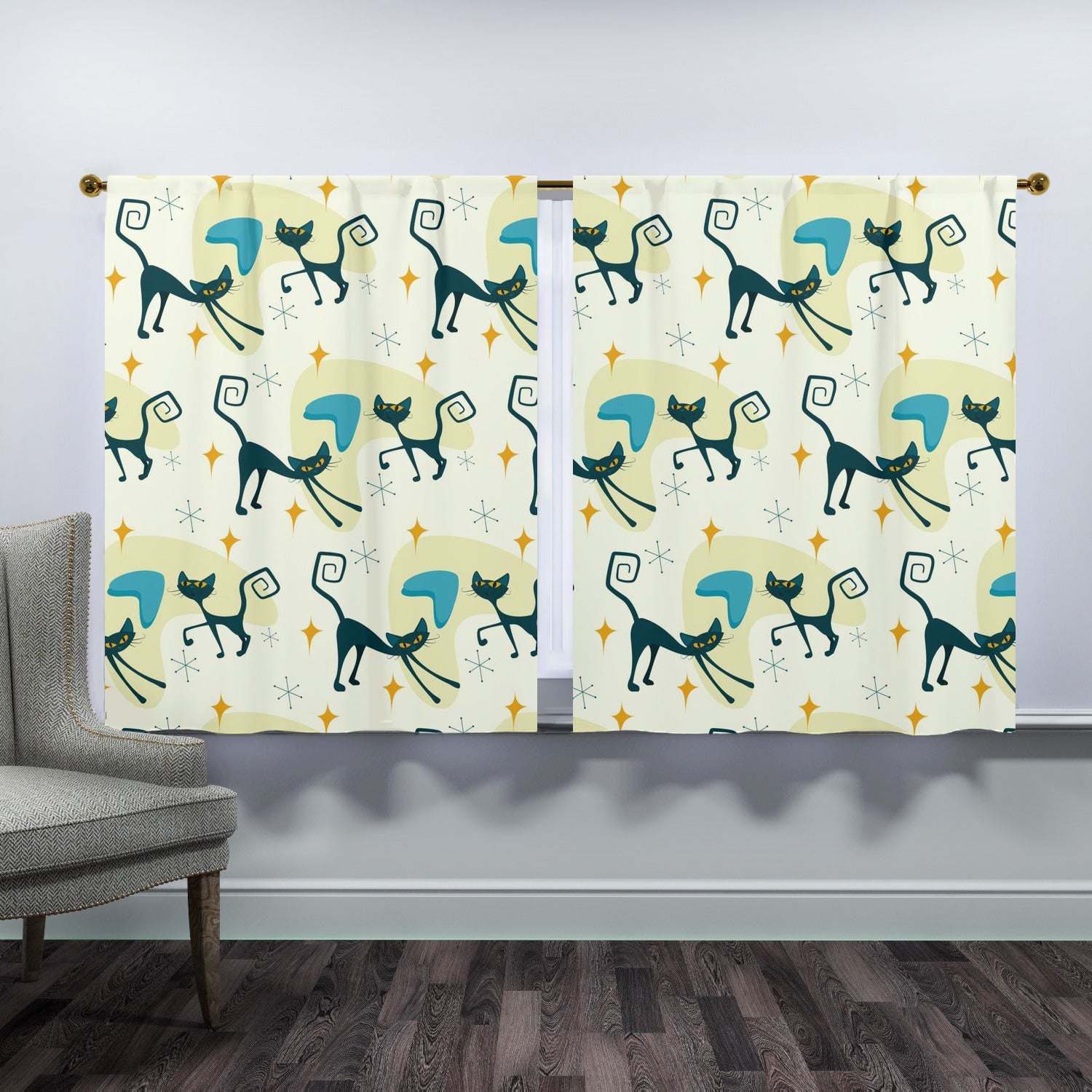 Atomic Cat Mid Century Modern Window Curtains (two panels)