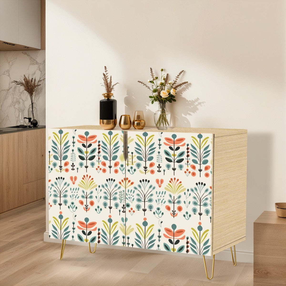 Modern Danish Scandinavian Floral Designed Wooden Storage Cabinet - Mid Century Modern Gal