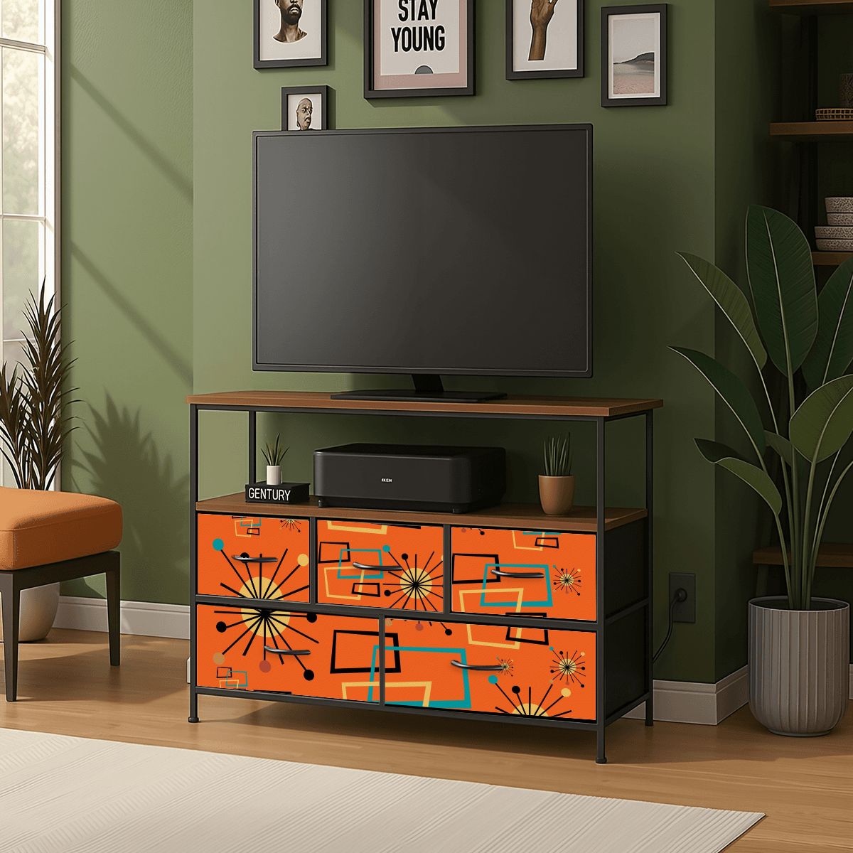 Mid Century Modern Sinatra Orange, Starburst, Geometric Funky Fun TV Stand Media Console - Mid Century Modern Gal