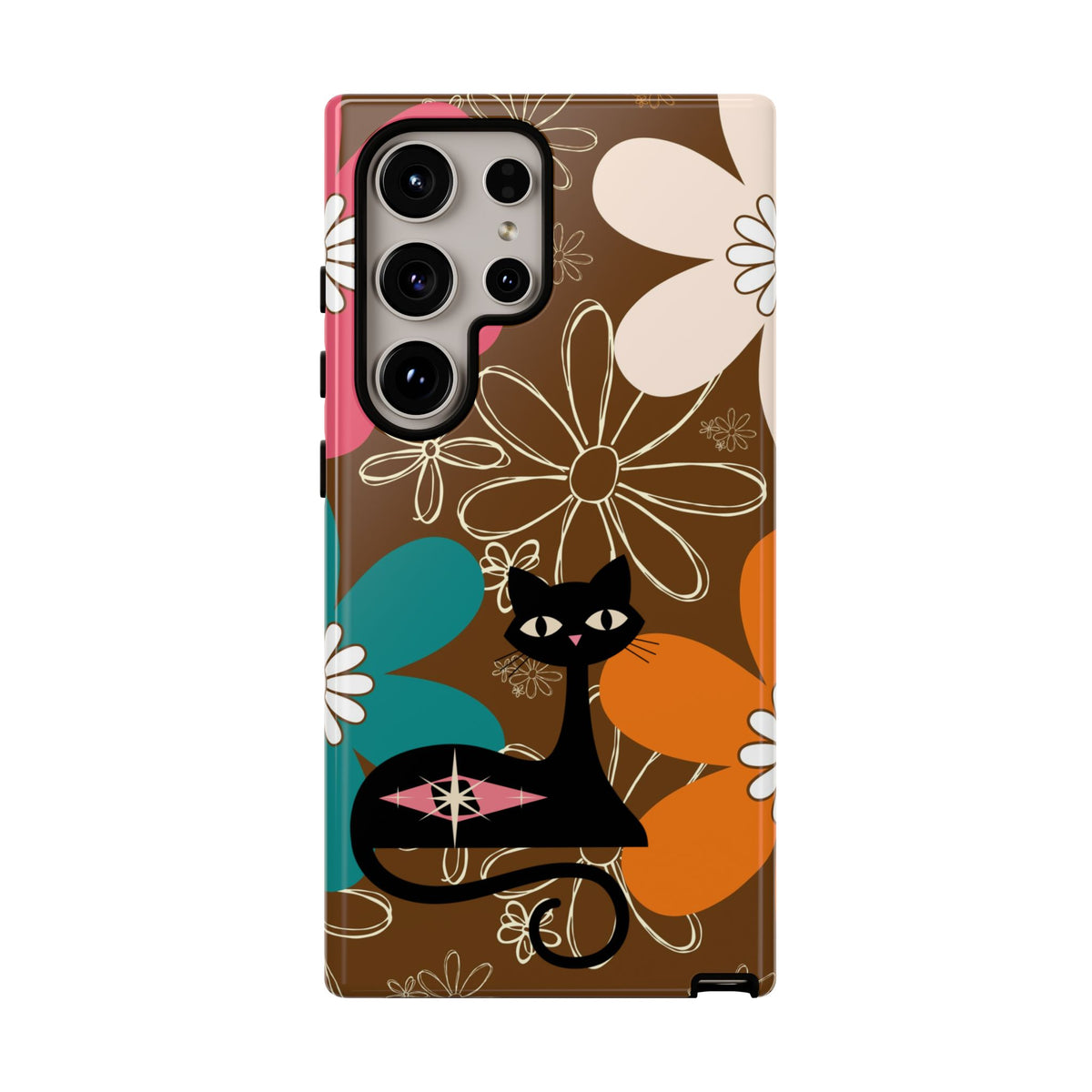 Atomic Cat Retro 70s Vibe Flower Power Tough Cases: Cute Floral and Cat Phone Case for Cat Lovers - Mid Century Modern Gal