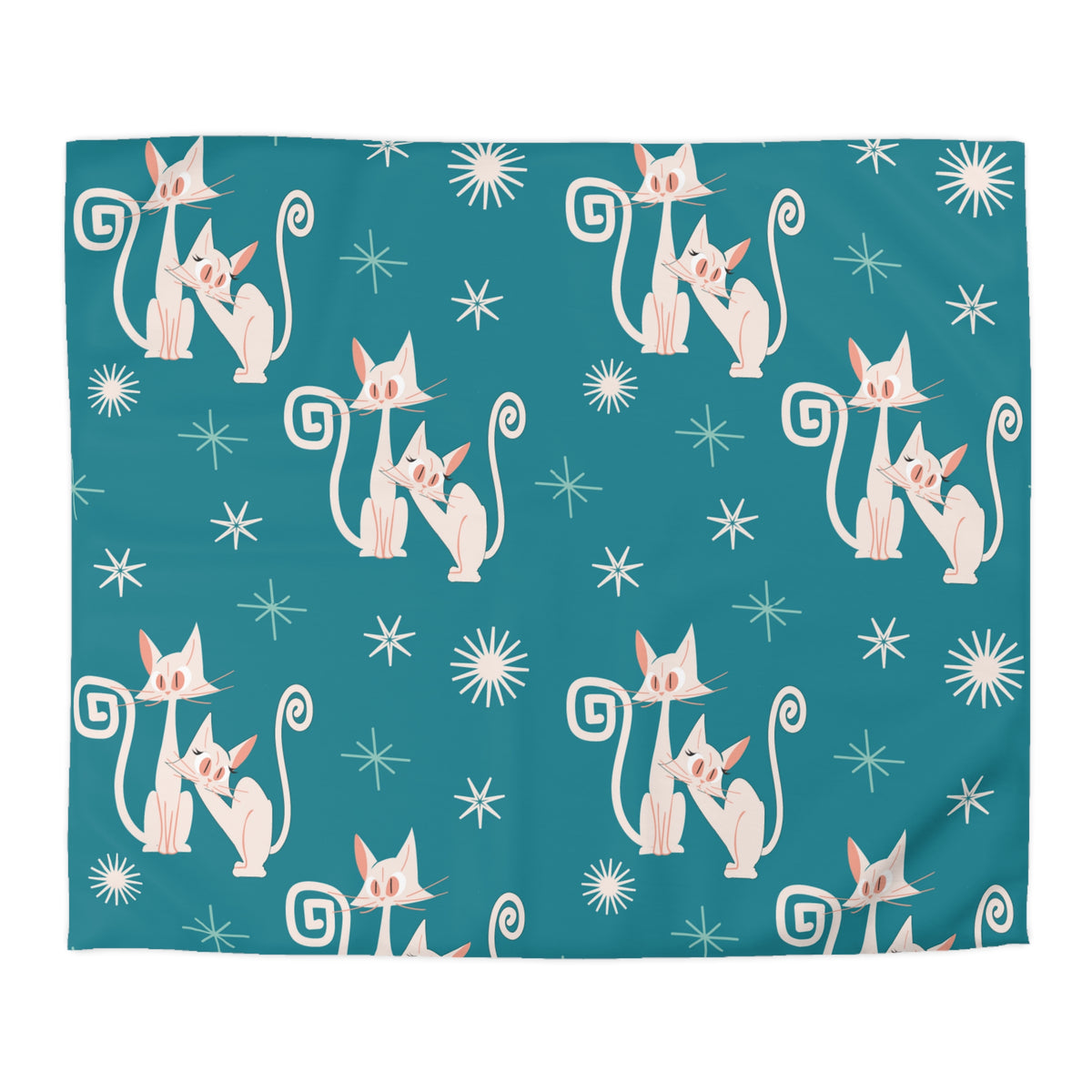 Mid Century Modern Atomic Kitty Cats, Teal, Starburst, MCM Microfiber Duvet Cover - Mid Century Modern Gal