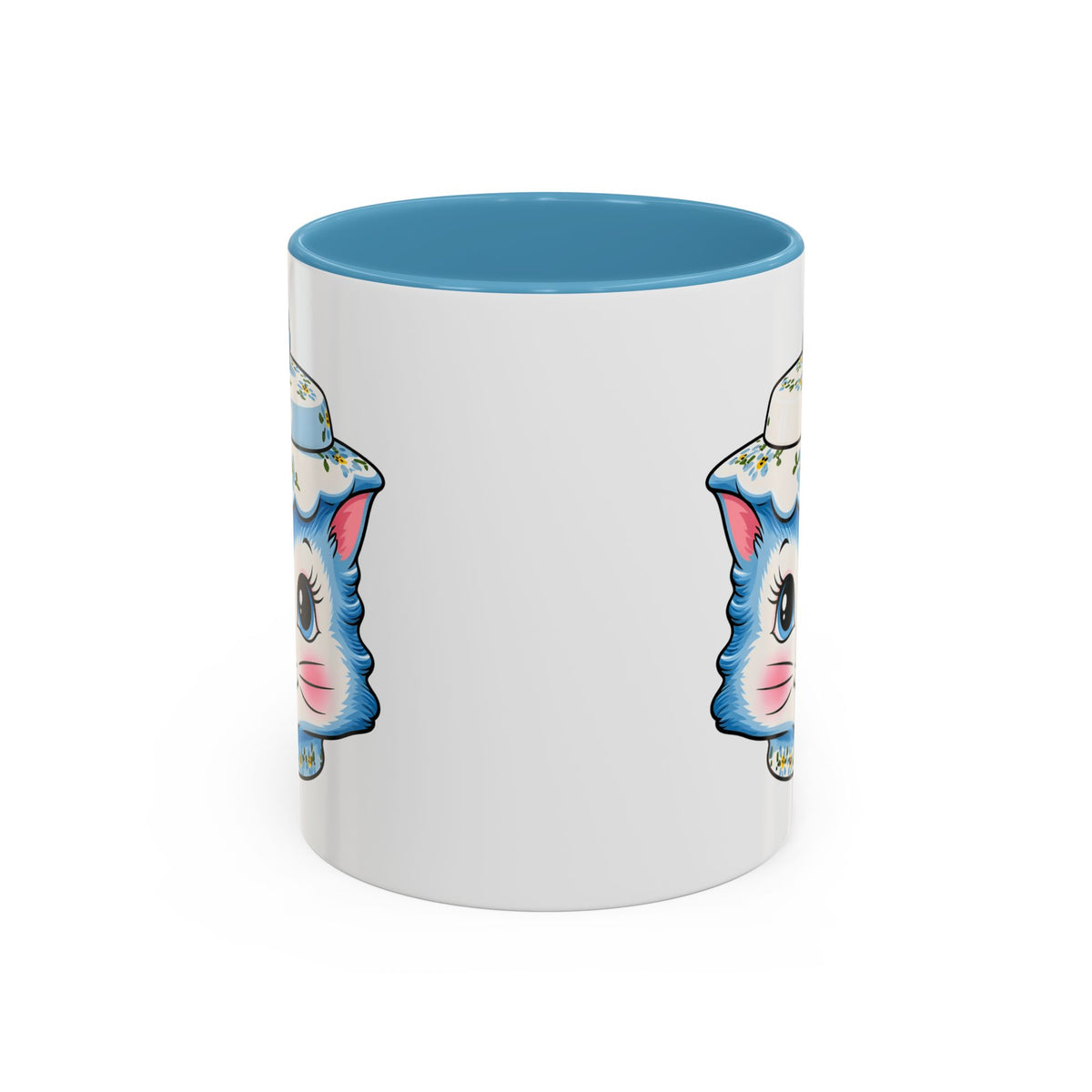 Mid Century Modern Kitschy Anthropomorphic Blue Cat with Floral Hat Accent Coffee Mug - Mid Century Modern Gal
