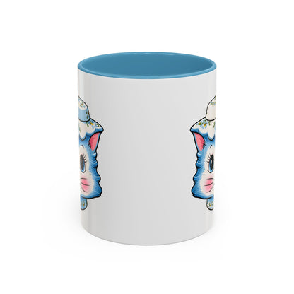 Mid Century Modern Kitschy Anthropomorphic Blue Cat with Floral Hat Accent Coffee Mug - Mid Century Modern Gal
