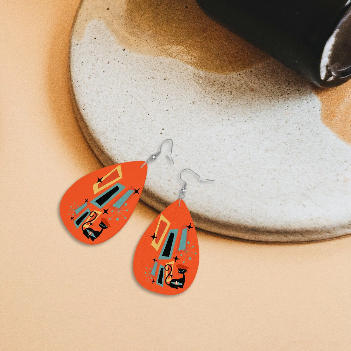 Atomic Cat Earrings, Mid Mod Orange Retro Geometric Designed Faux Leather Teardrop Earrings - Mid Century Modern Gal