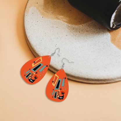 Atomic Cat Earrings, Mid Mod Orange Retro Geometric Designed Faux Leather Teardrop Earrings - Mid Century Modern Gal