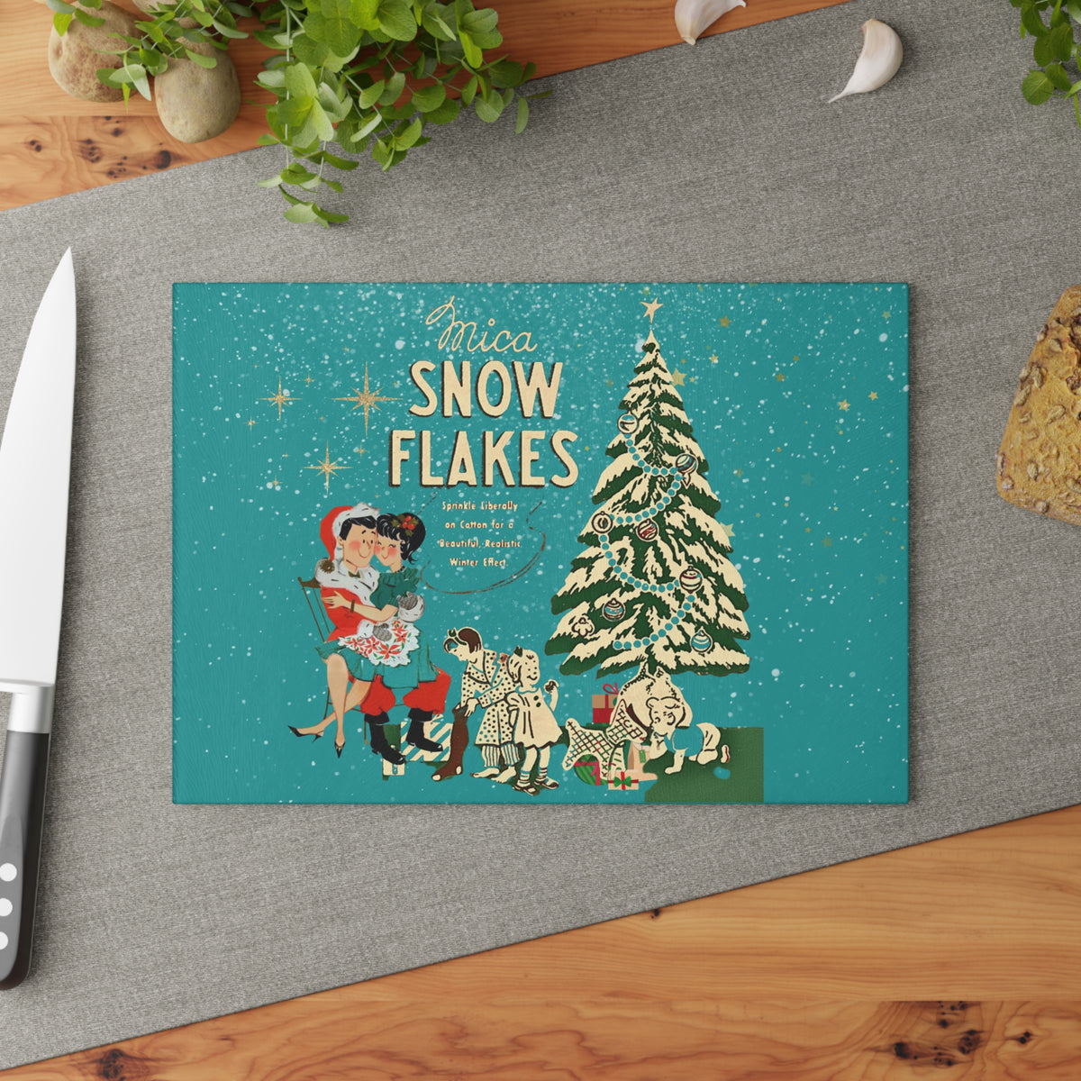 Mid Century Modern Christmas Kitsch,  50s Inspired Mica Snow Cheesboard Glass Cutting Board - Mid Century Modern Gal