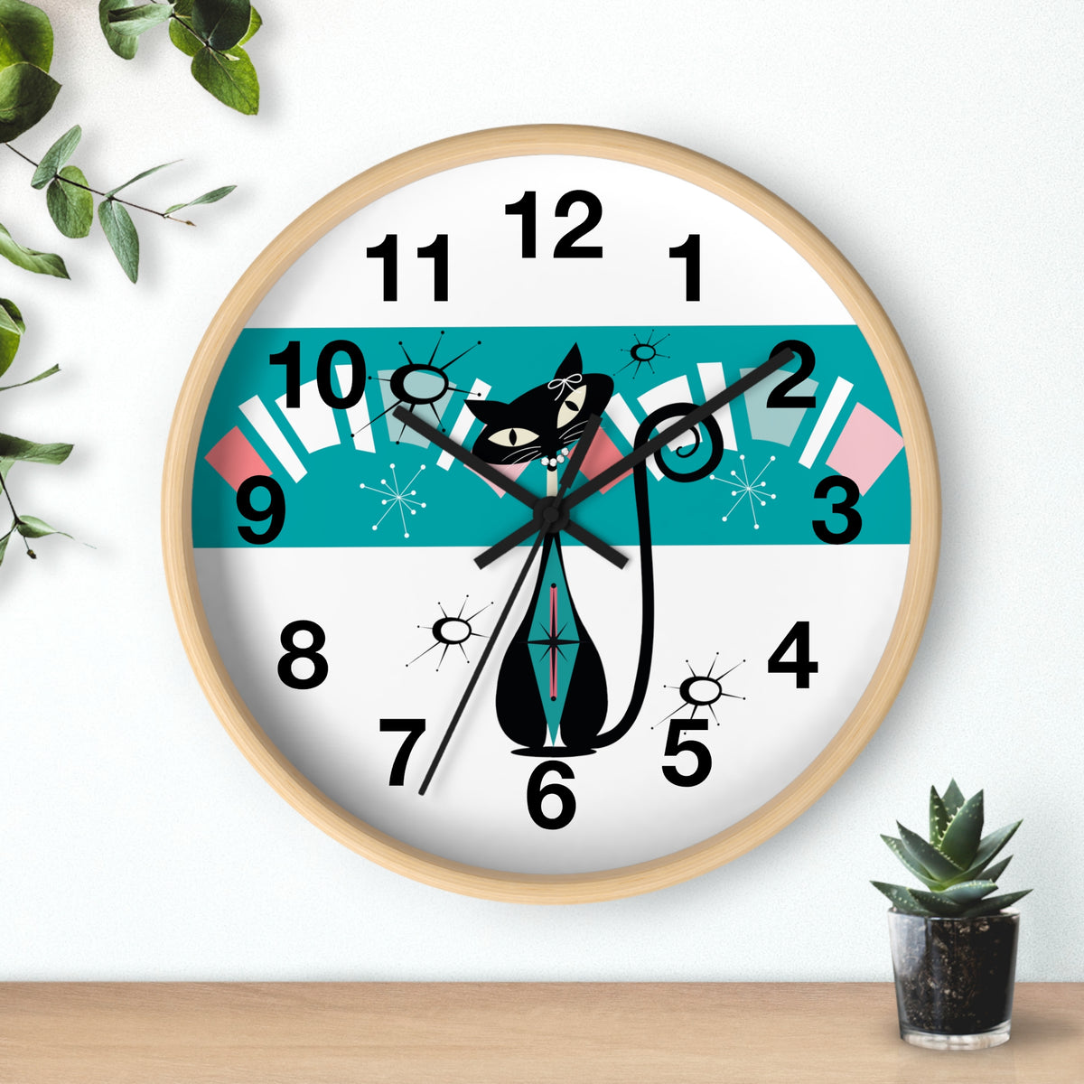 Atomic Cat, Kitschy Retro Mod Minimalist Kitchen, Office, Laundry Room Round Wall Clock - Mid Century Modern Gal