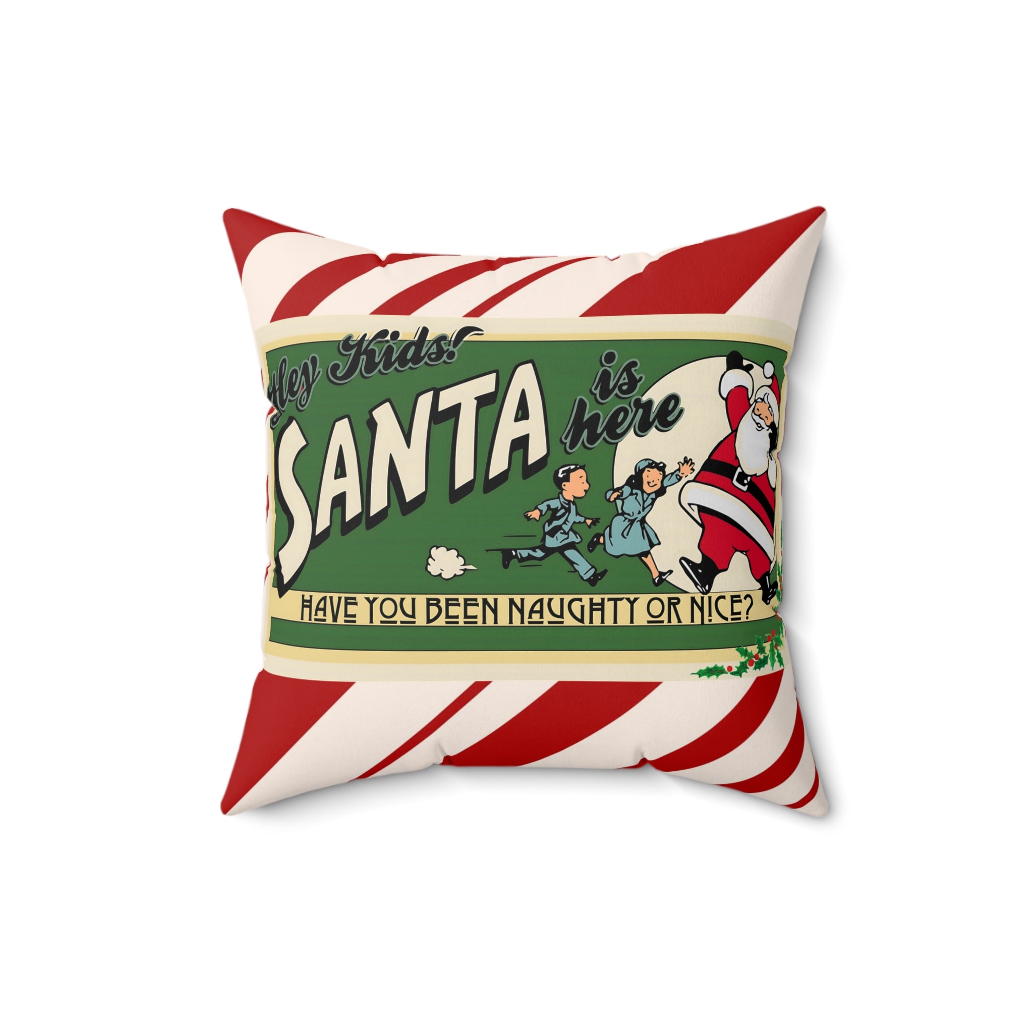 Santa Claus Vintage 50s Ad, Kitschy Holiday Candycane Pillow And Insert