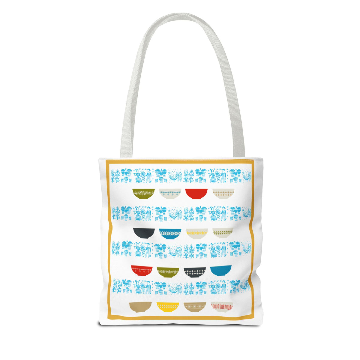 Vintage-inspired tote bag featuring colorful Pyrex bowl designs in blue, red, yellow, and black on a white background.