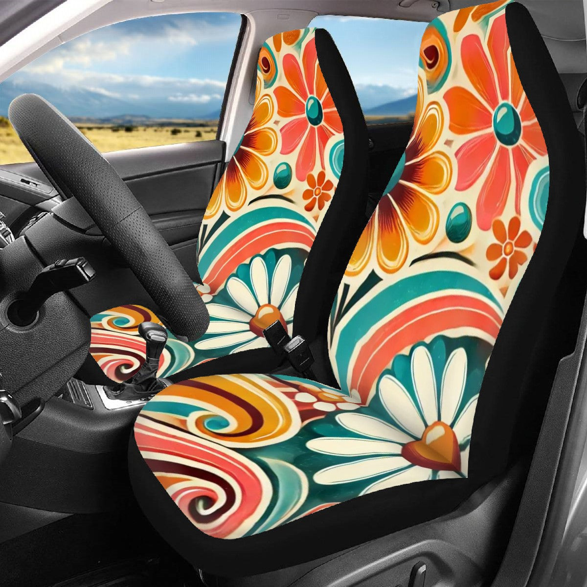 70s Car Seat Covers, Retro Flower Power Hippie Groovy Front And Back Covers - Mid Century Modern Gal