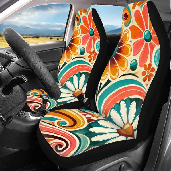 70s Car Seat Covers, Retro Flower Power Hippie Groovy Front And Back Covers