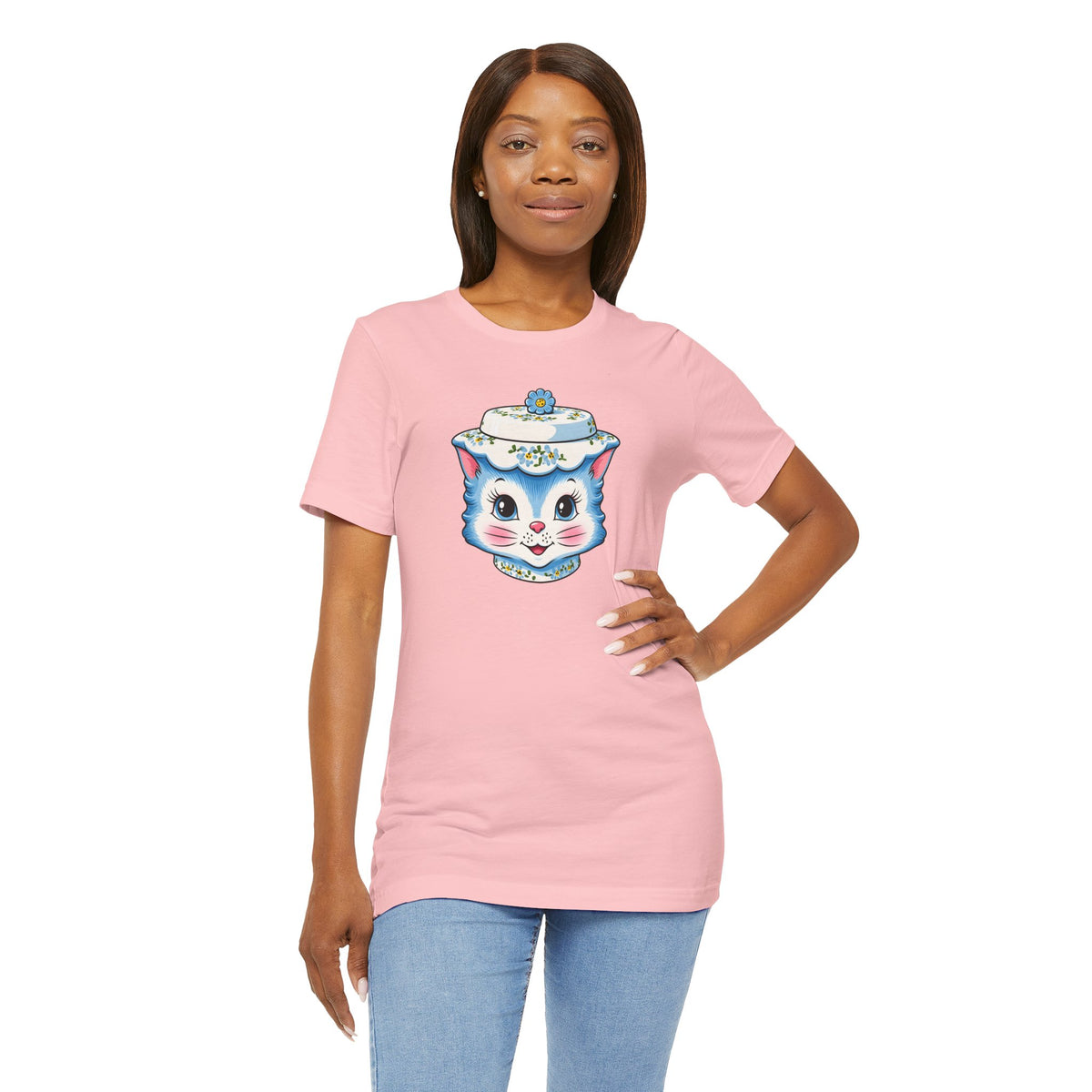 Mid Century Modern Kitschy Anthropomorphic Blue Cat with Floral Hat Unisex T-Shirt