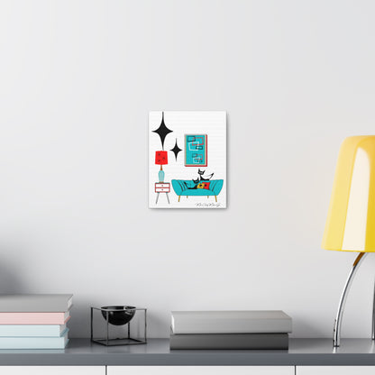 Mid Century Modern Wall Art, Atomic Cat Living Room Retro. Teal Blue, Red, Black Canvas Art