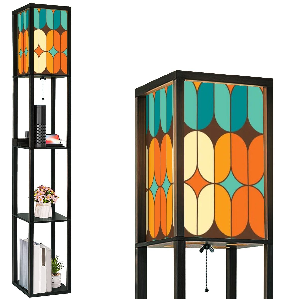 Mid Century Modern Orange Teal Geometric Pattern Floor Lamp with Shelves - Mid Century Modern Gal