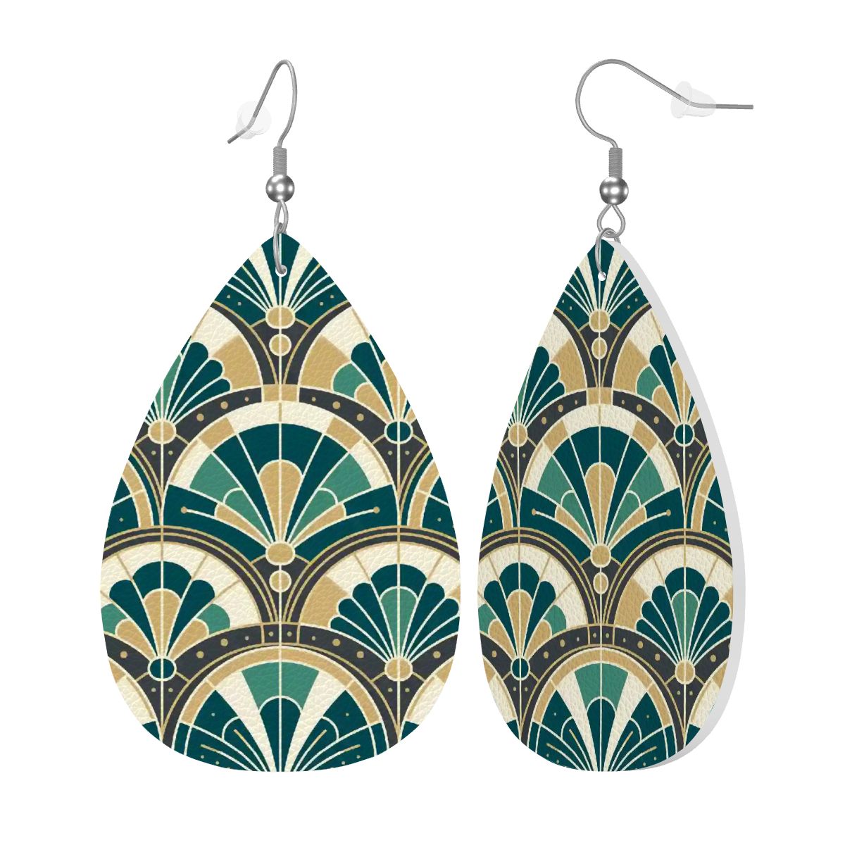 Art Deco Peacock Inspired Vegan Leather Teardrop Earrings - Mid Century Modern Gal