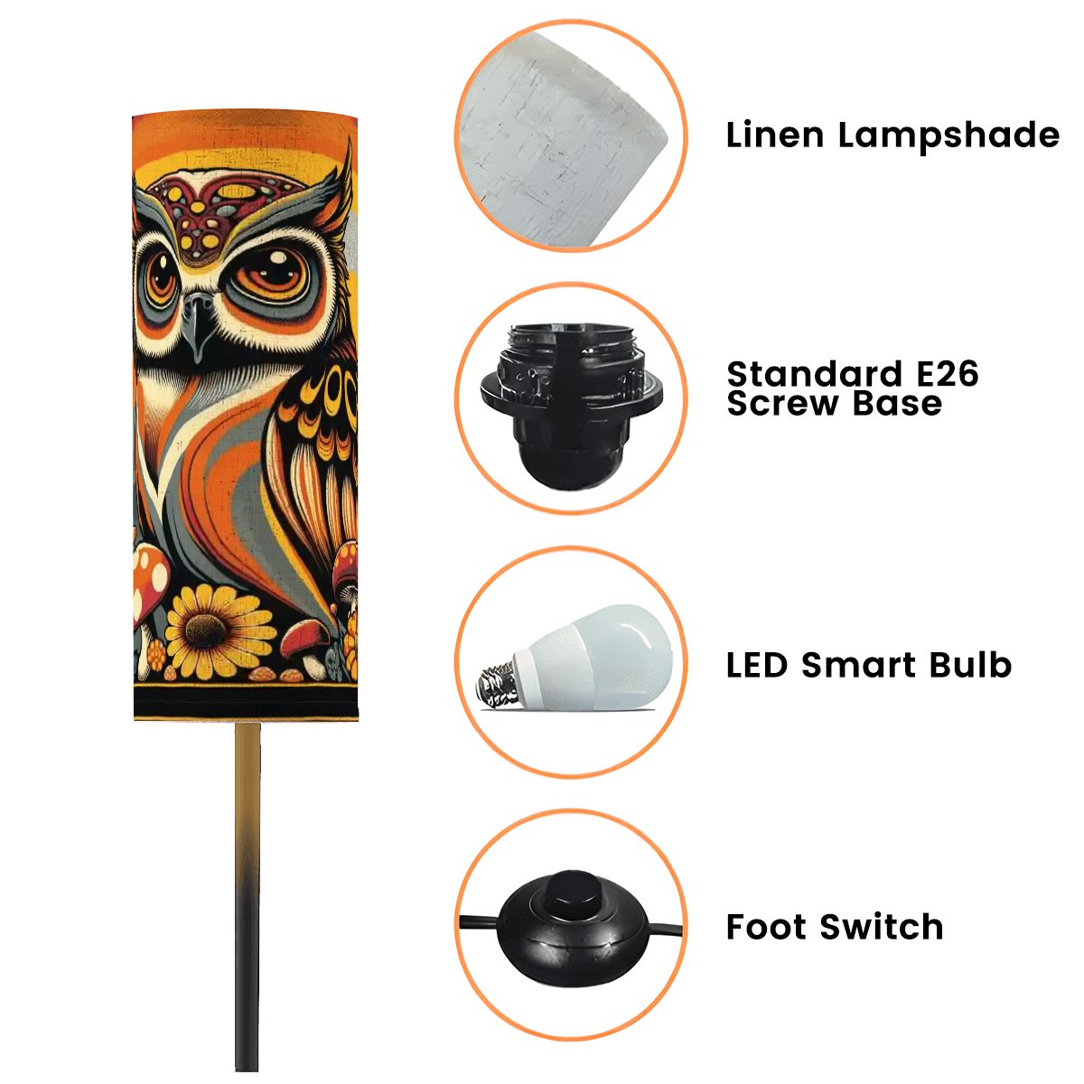 Retro 70s Mushroom Groovy Owl, Hipster Mid Mod Floor Lamp - Mid Century Modern Gal