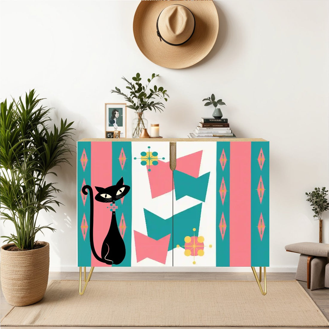 Mid Century Modern Atomic Cat, Pink Teal Mid Mod Kitschy Wooden Storage Cabinet - Mid Century Modern Gal