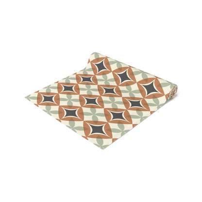 Mid Century Modern Interlocking Geometric, Terracotta Sage Charcoal Table Runner - Mid Century Modern Gal