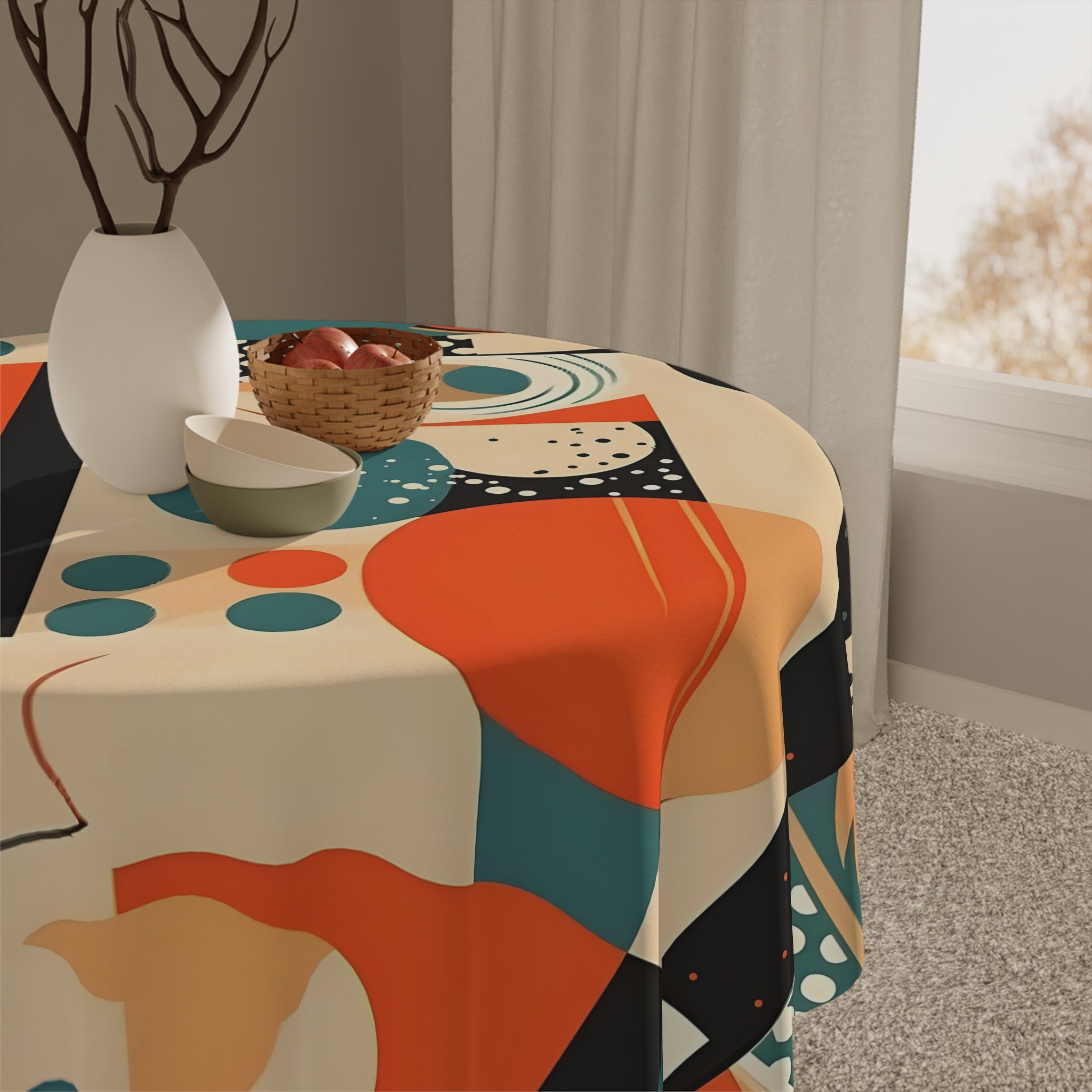 Mid Century Modern Bauhaus Designed Geometric Orange Teal, Tablecloth