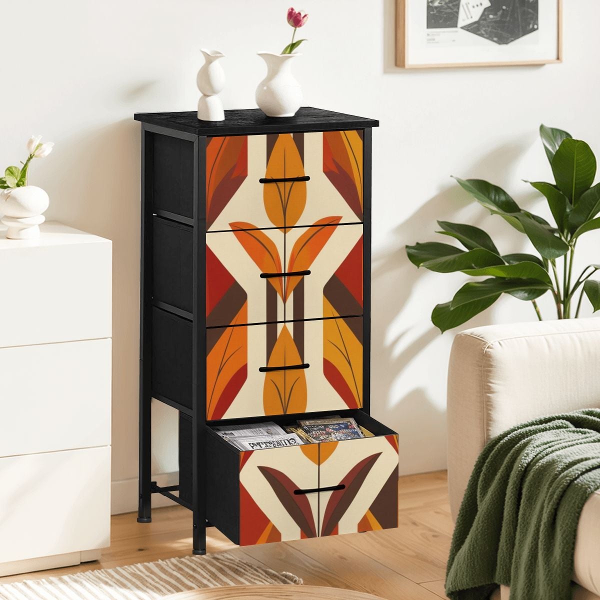 Floral Mod Scandinavian Harvest Gold, Orange Mid Century Modern 4-Drawer Dresser - Mid Century Modern Gal