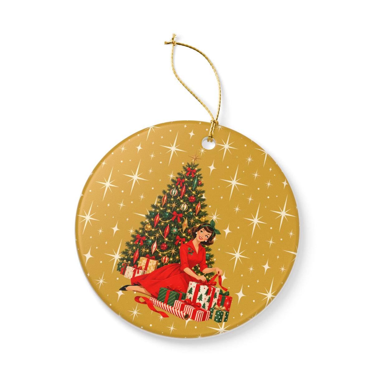 Mid Century Modern Christmas Glamour Gal Wrapping Presents by Tree, Gold Atomic Starbursts Ceramic Christmas Tree Ornament