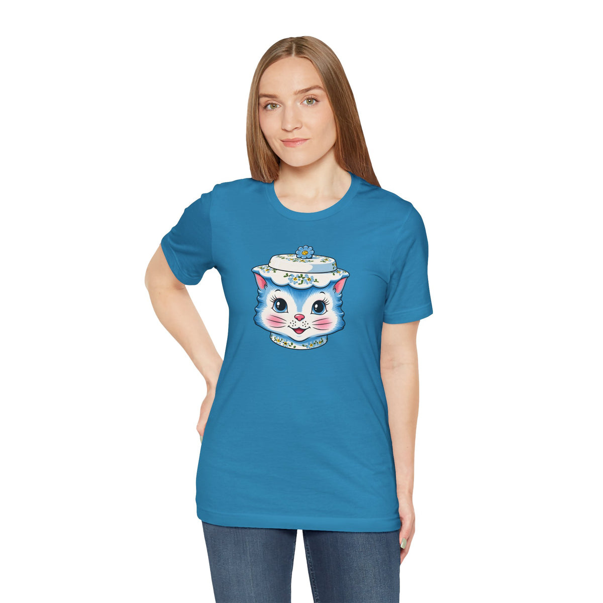 Mid Century Modern Kitschy Anthropomorphic Blue Cat with Floral Hat Unisex T-Shirt