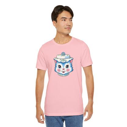 Mid Century Modern Kitschy Anthropomorphic Blue Cat with Floral Hat Unisex T-Shirt