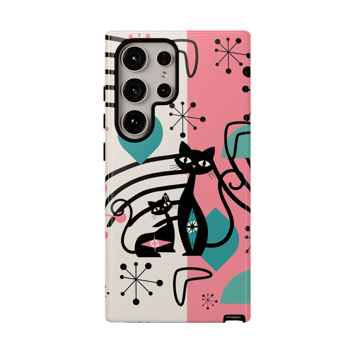 Mid Mod Atomic Cat Boomerang Starburst, Pink, Black Kitschy Stylish Cat Phone Case: Modern Design for Cat Lovers - Mid Century Modern Gal