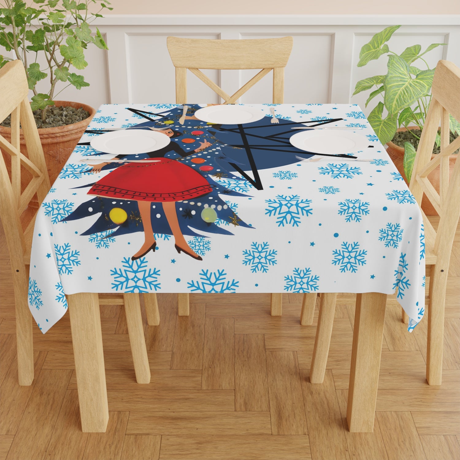 50s Christmas Snowflake Blue White Kitschy Holiday Tablecloth