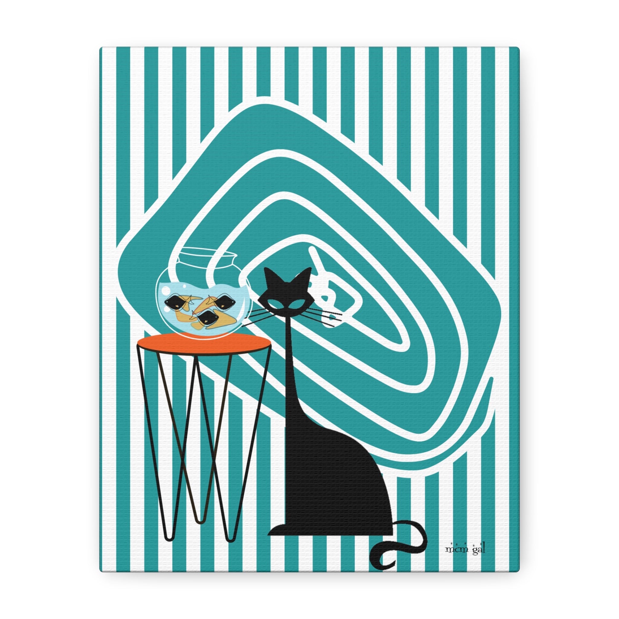 Atomic Fish Art, Mid Century Modern Striped, Teal Kitschy Cat Art - Mid Century Modern Gal