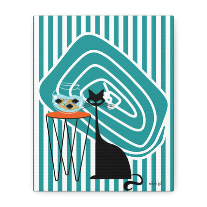 Atomic Fish Art, Mid Century Modern Striped, Teal Kitschy Cat Art - Mid Century Modern Gal