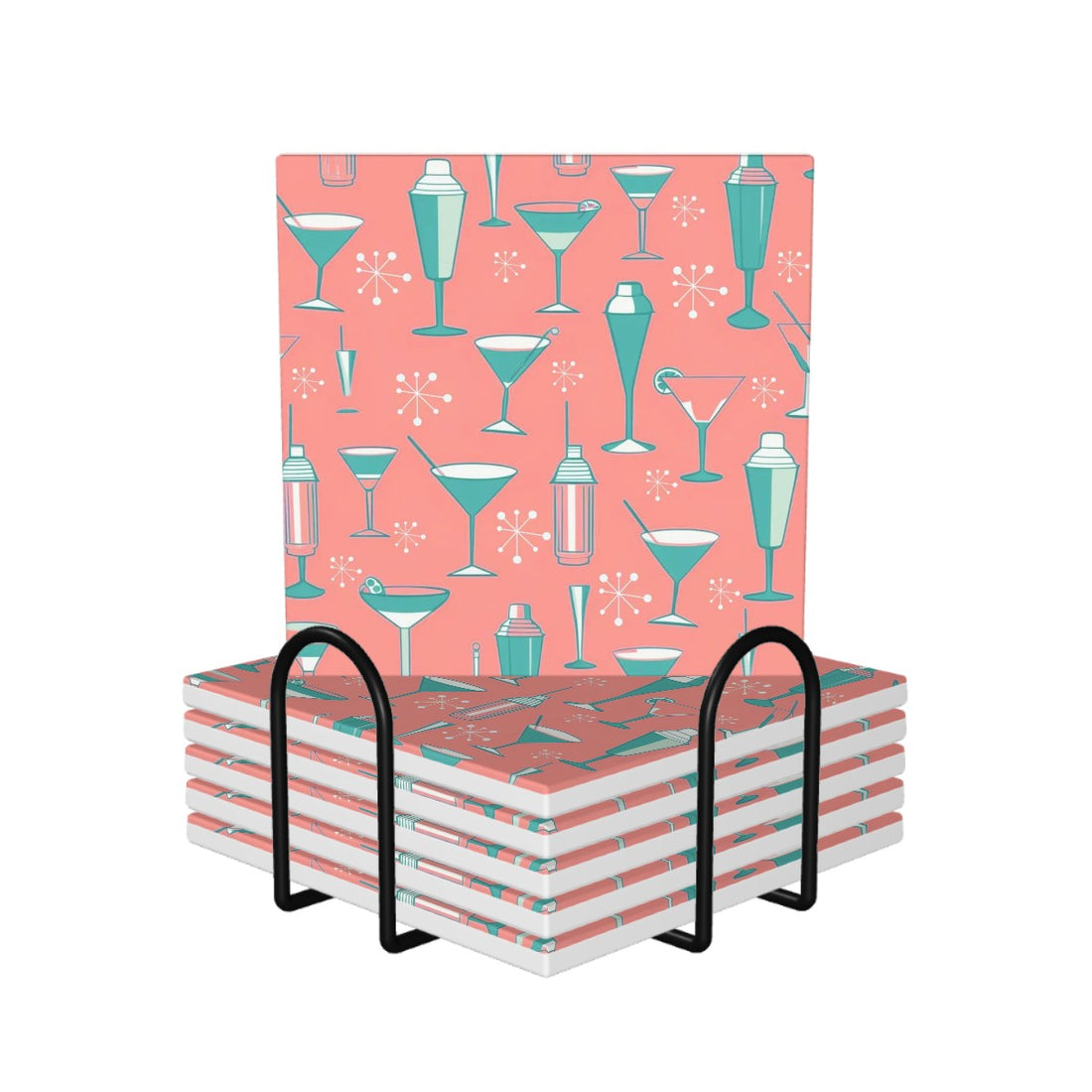 Palm Springs Cali Martini Bar Kitschy Mid Century Coral Aqua Square Ceramic Coasters Set of 6 - Mid Century Modern Gal