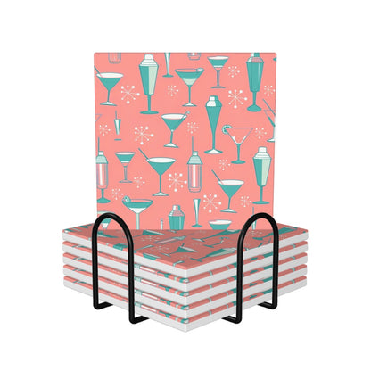Palm Springs Cali Martini Bar Kitschy Mid Century Coral Aqua Square Ceramic Coasters Set of 6 - Mid Century Modern Gal