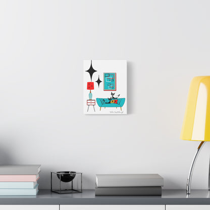 Mid Century Modern Wall Art, Atomic Cat Living Room Retro. Teal Blue, Red, Black Canvas Art - Mid Century Modern Gal