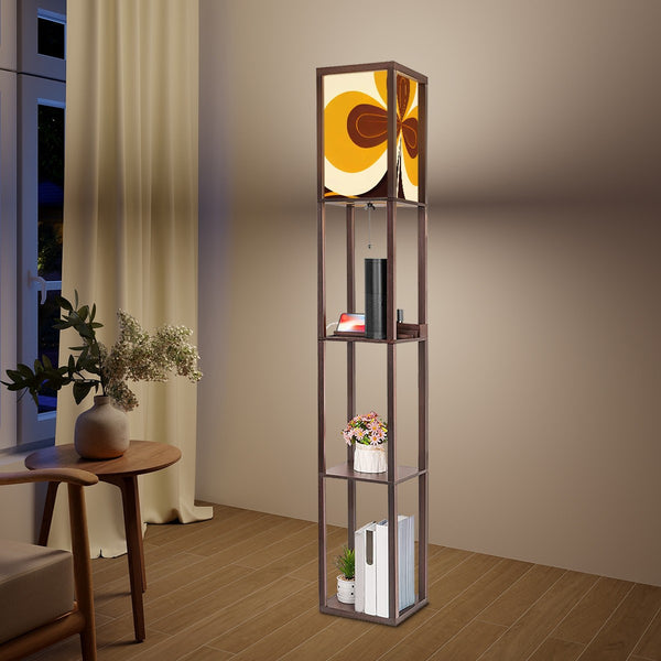 60s Groovy Mod Brown, Yellow, Hip Mid Century Modern Floor Lamp with Shelves