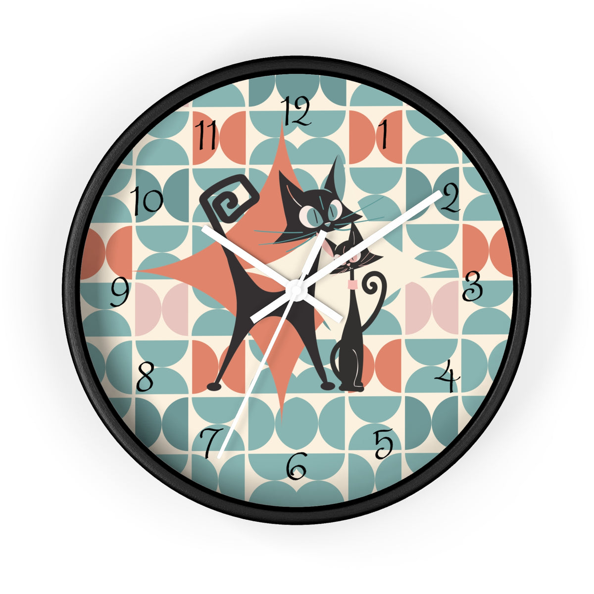 Kitchen Clock, Atomic Cat Retro Mid Century Modern Style With Scandinavian Designed Geometric Shapes, 50s Wall Clock For Cat Lovers - Mid Century Modern Gal