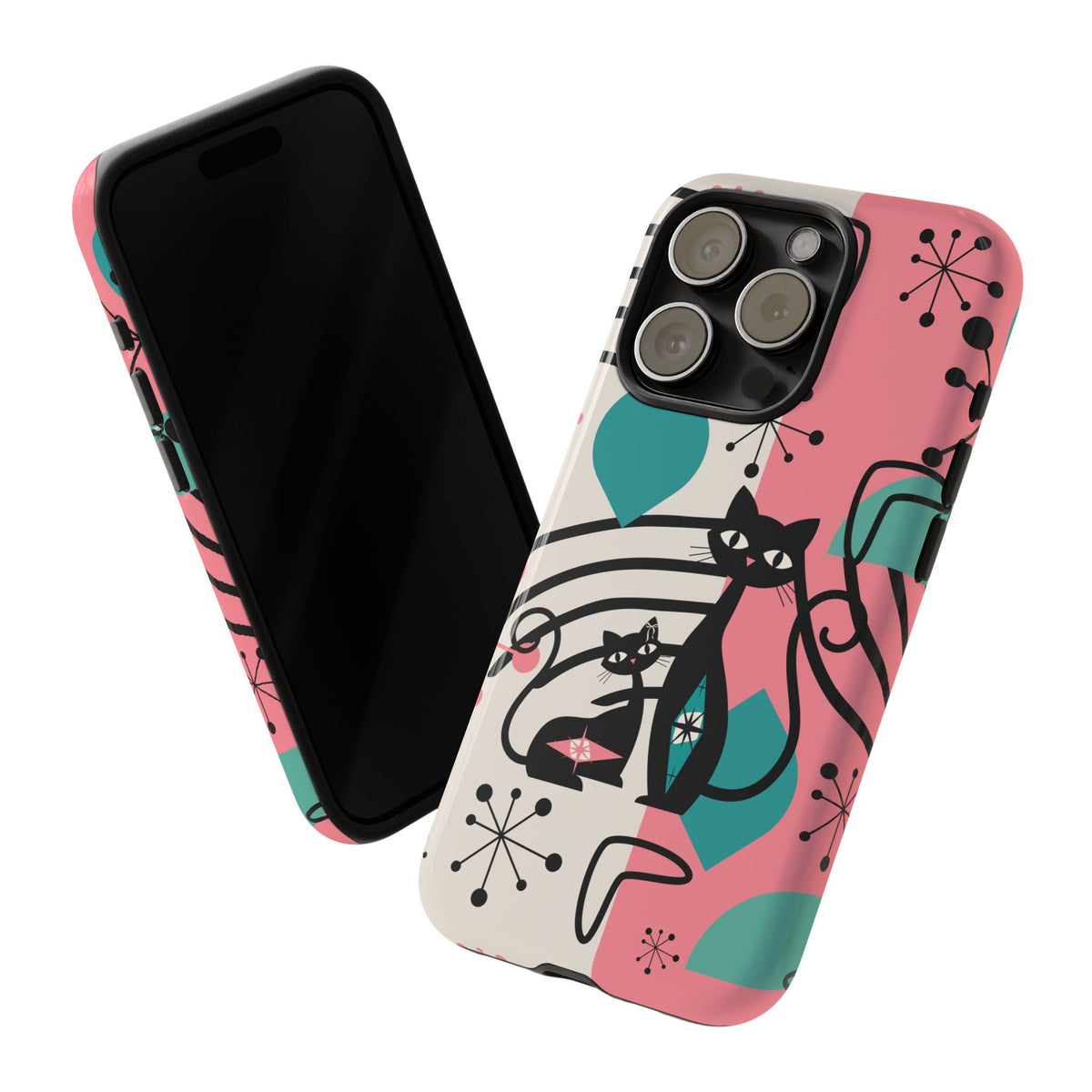 Mid Mod Atomic Cat Boomerang Starburst, Pink, Black Kitschy Stylish Cat Phone Case: Modern Design for Cat Lovers