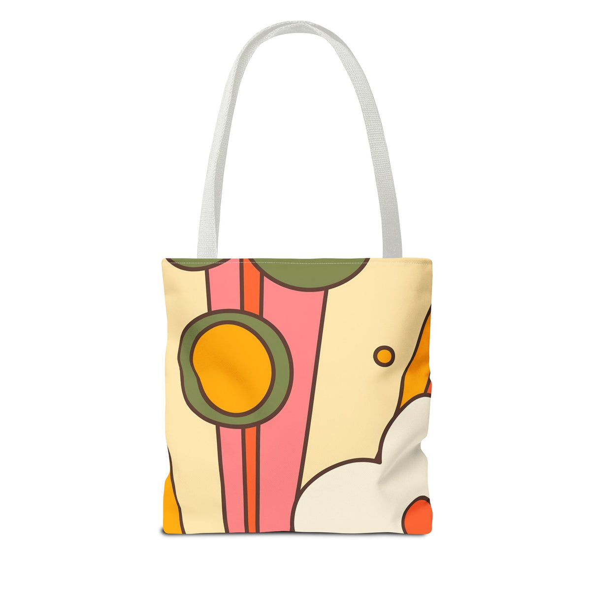 Retro-inspired tote bag featuring a groovy design with playful shapes and colors, perfect for pickleball lovers.