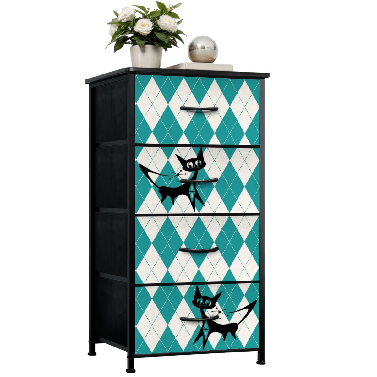Retro Mid Century Modern Atomic Kitschy Cats, Argyle Pattern Mod 4-Drawer Dresser - Mid Century Modern Gal