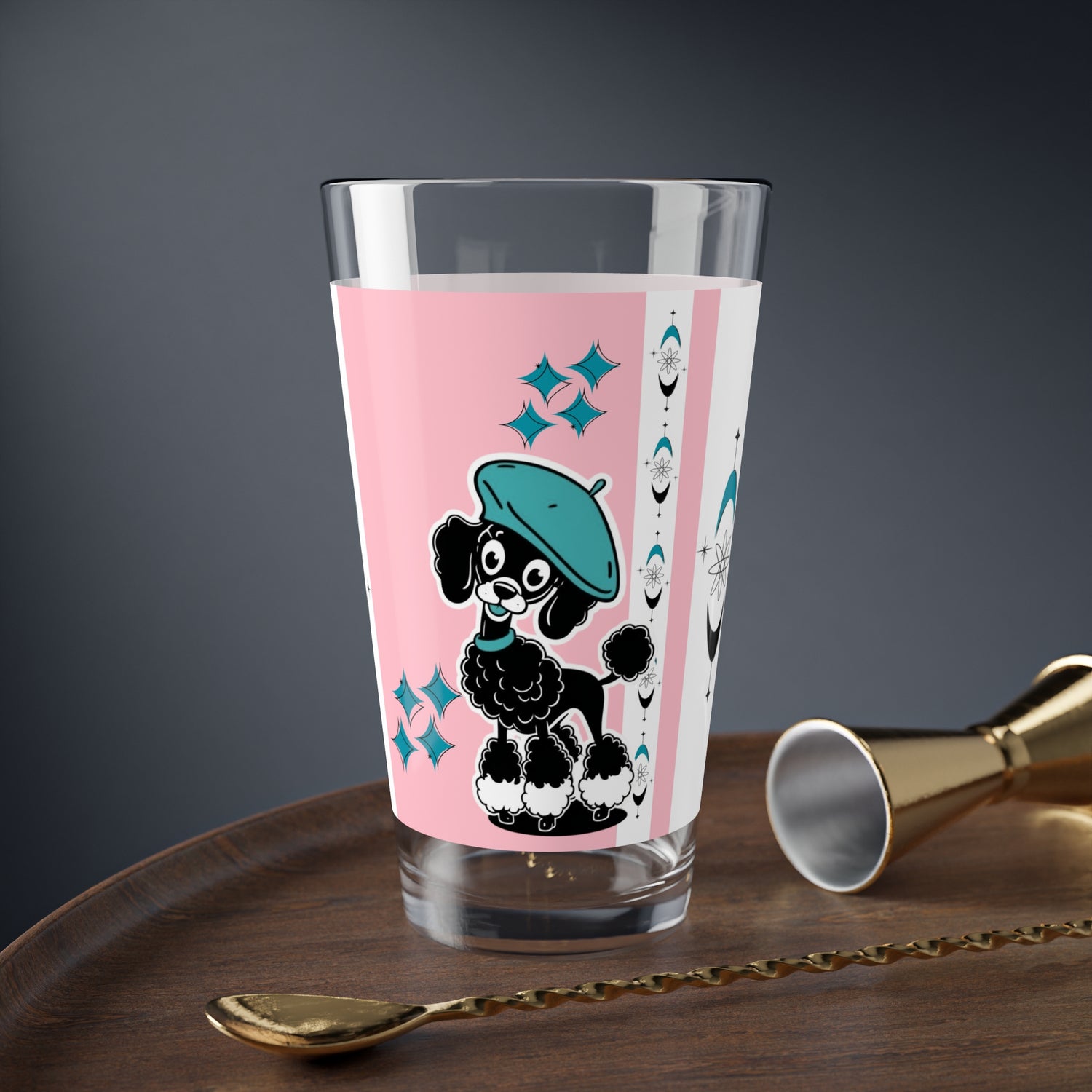 Mid Century Modern Barware Atomic Pink Stylish Poodle Mixing Glass - 16oz, Perfect for Dog Lovers - Mid Century Modern Gal