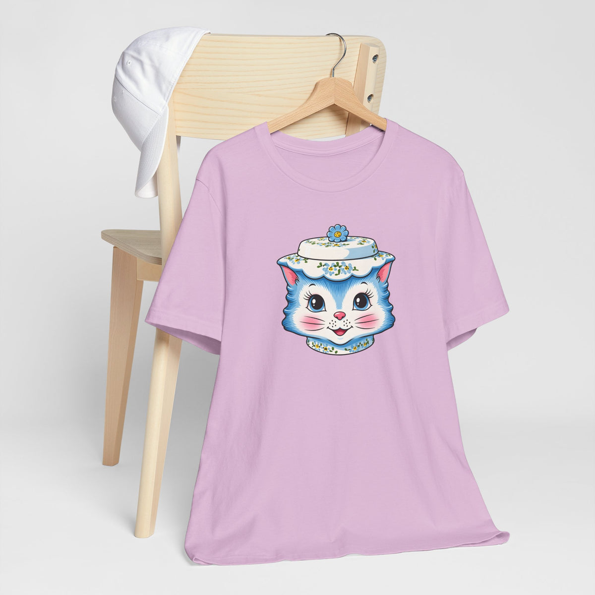 Mid Century Modern Kitschy Anthropomorphic Blue Cat with Floral Hat Unisex T-Shirt