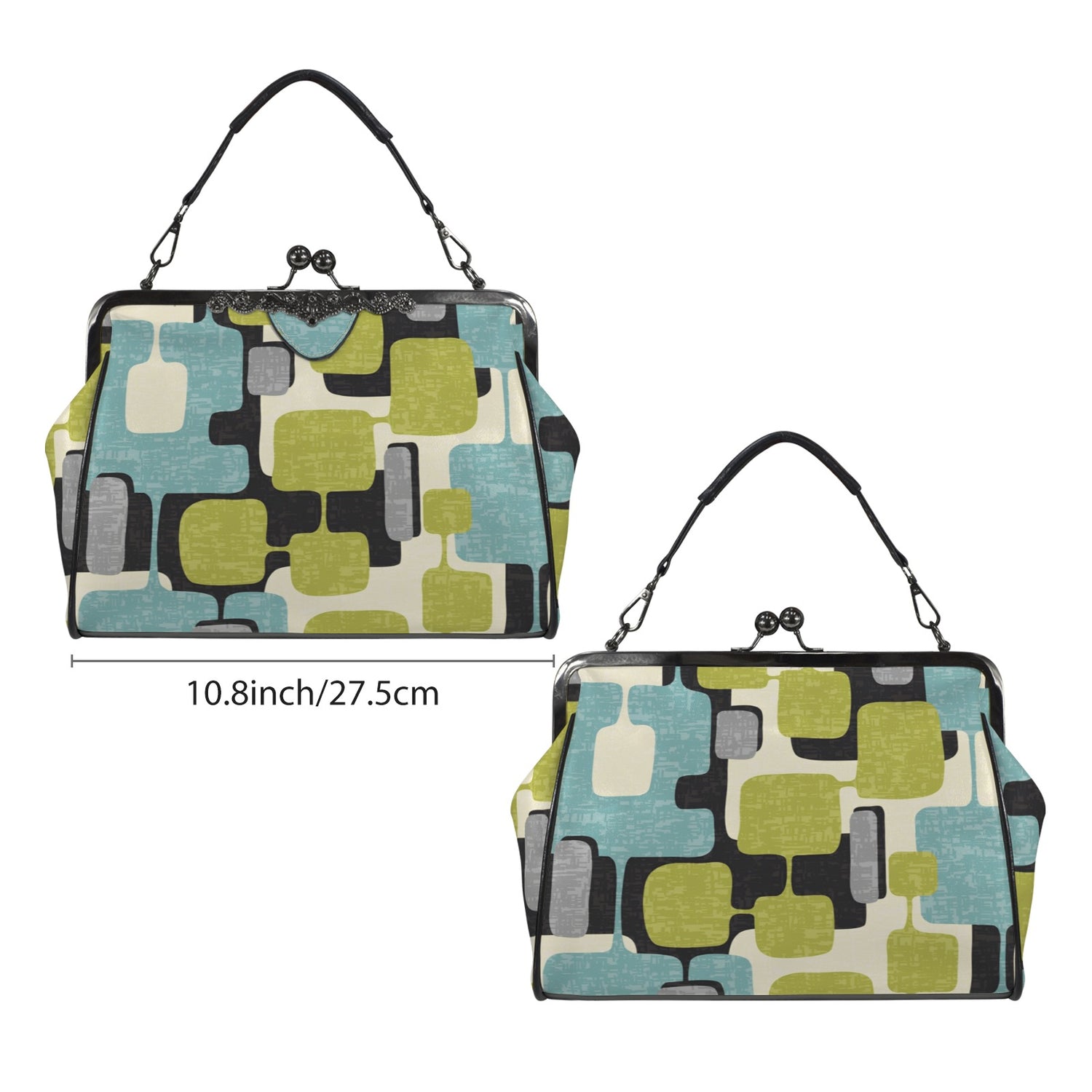 Mid Century Modern Geometric Designed Mod Teal Green Kisslock Crossbody Purse - Mid Century Modern Gal
