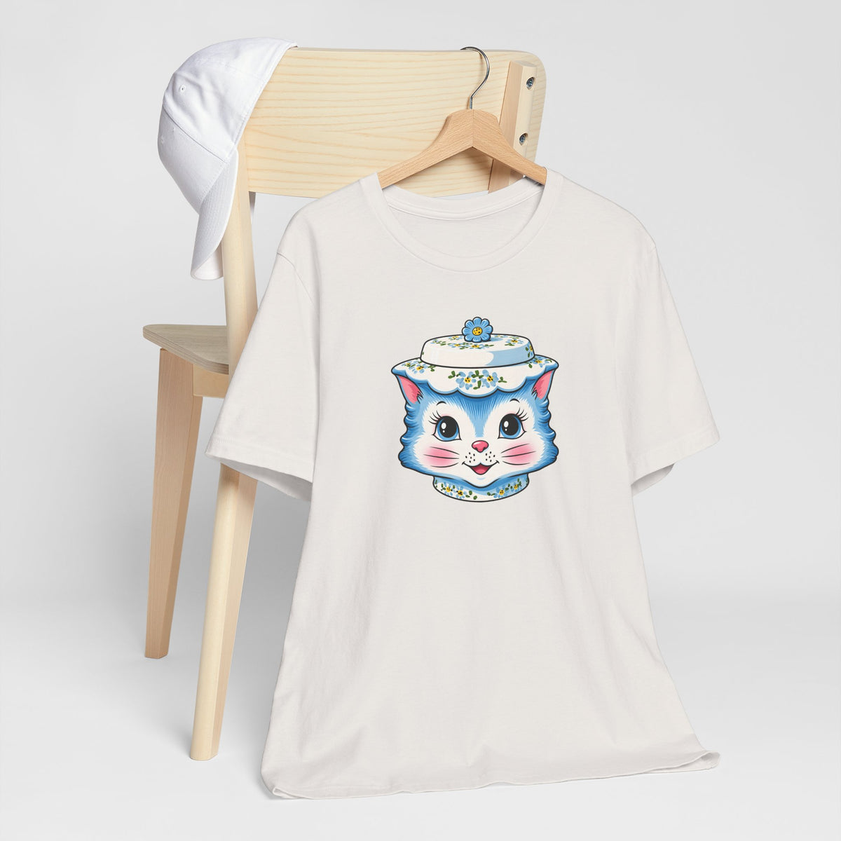 Mid Century Modern Kitschy Anthropomorphic Blue Cat with Floral Hat Unisex T-Shirt