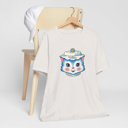 Mid Century Modern Kitschy Anthropomorphic Blue Cat with Floral Hat Unisex T-Shirt