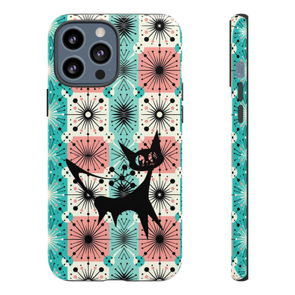 Atomic Kitschy Cat, Mid Century Modern Pink, Aqua Starbursts Tough Phone Case