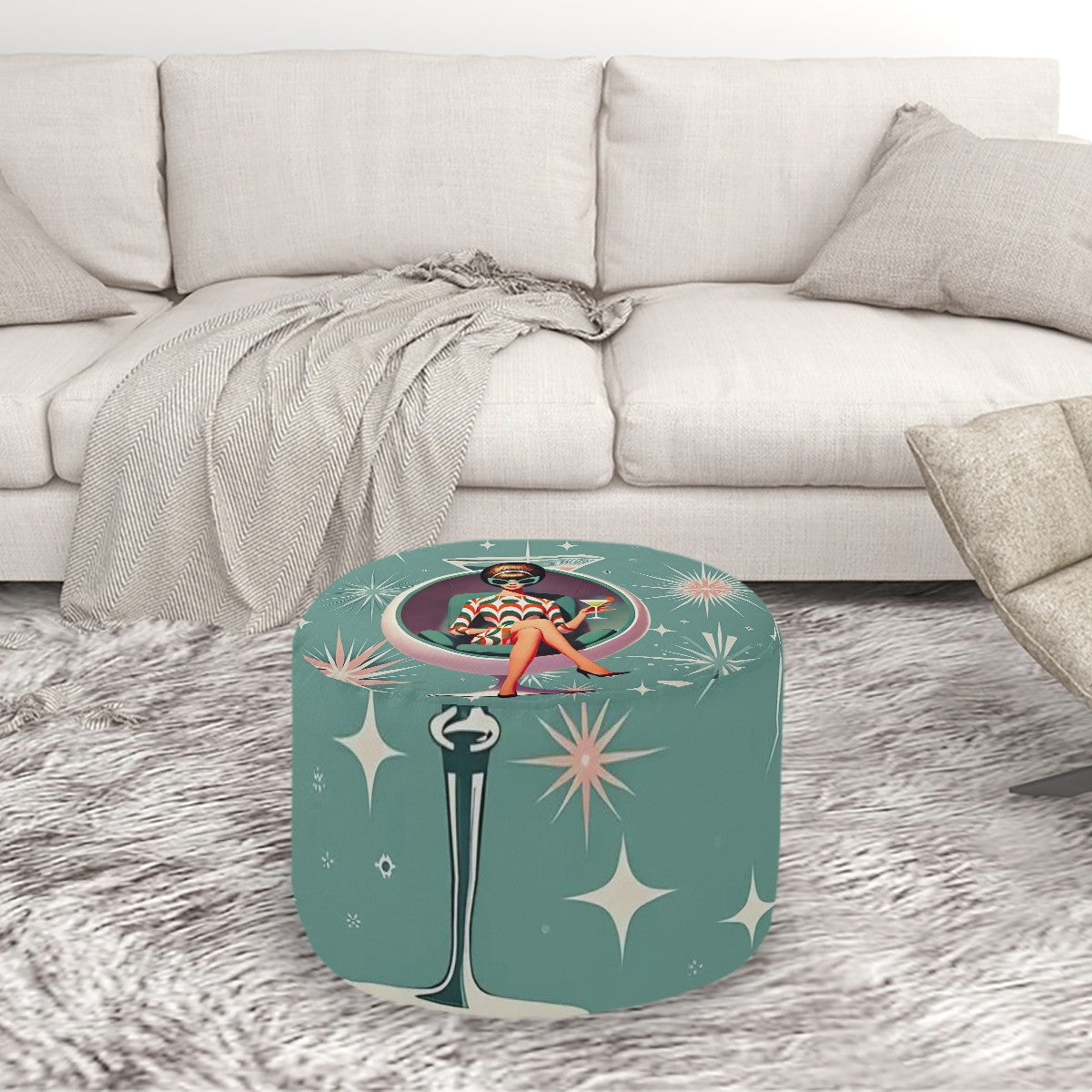 Atomic 50s Teal Green, Starburst Kitsch Mod 60s Gal Round Pouf Ottoman